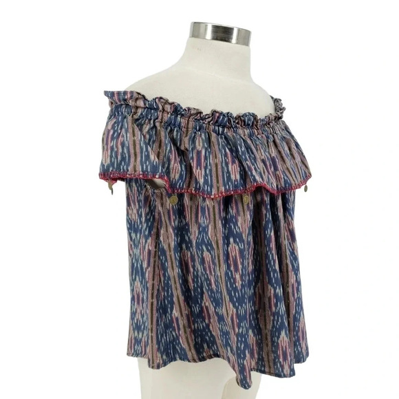 THML Shirt Ikat Off Shoulder Flutter Sleeve Coin Tassel Boho Top - Picture 3 of 8